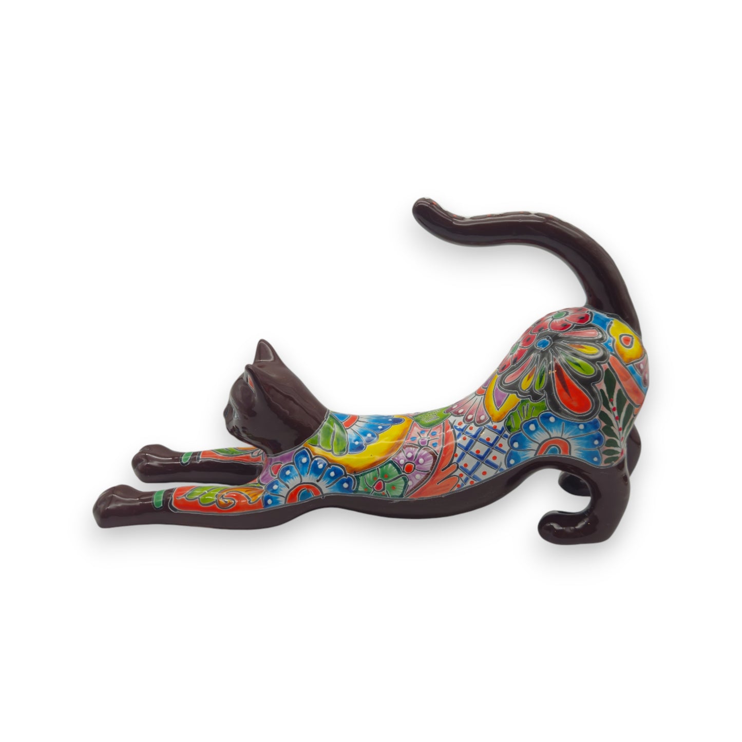 Talavera Stretching Cat Figurine | Multicolor Mexican Art