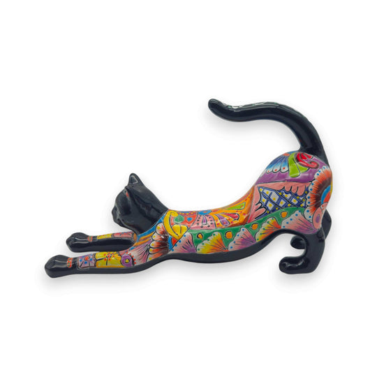 Talavera Stretching Cat Figurine | Multicolor Mexican Art — hand-painted multicolor Talavera cat stretching figurine with floral folk patterns