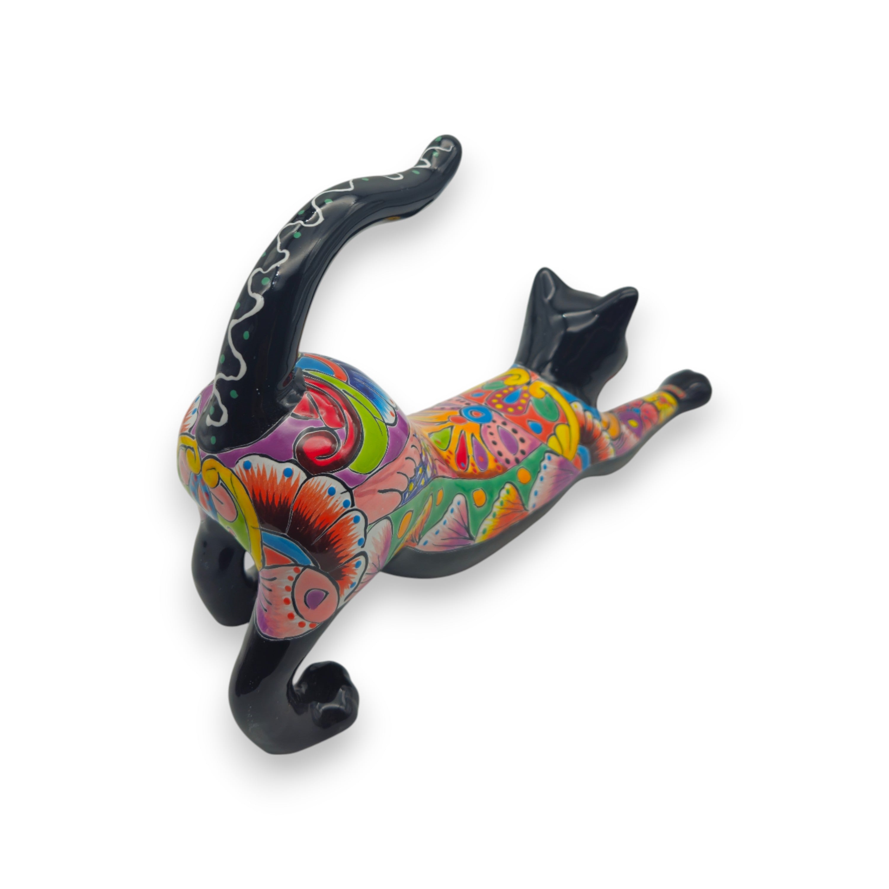 Talavera Stretching Cat Figurine | Multicolor Mexican Art