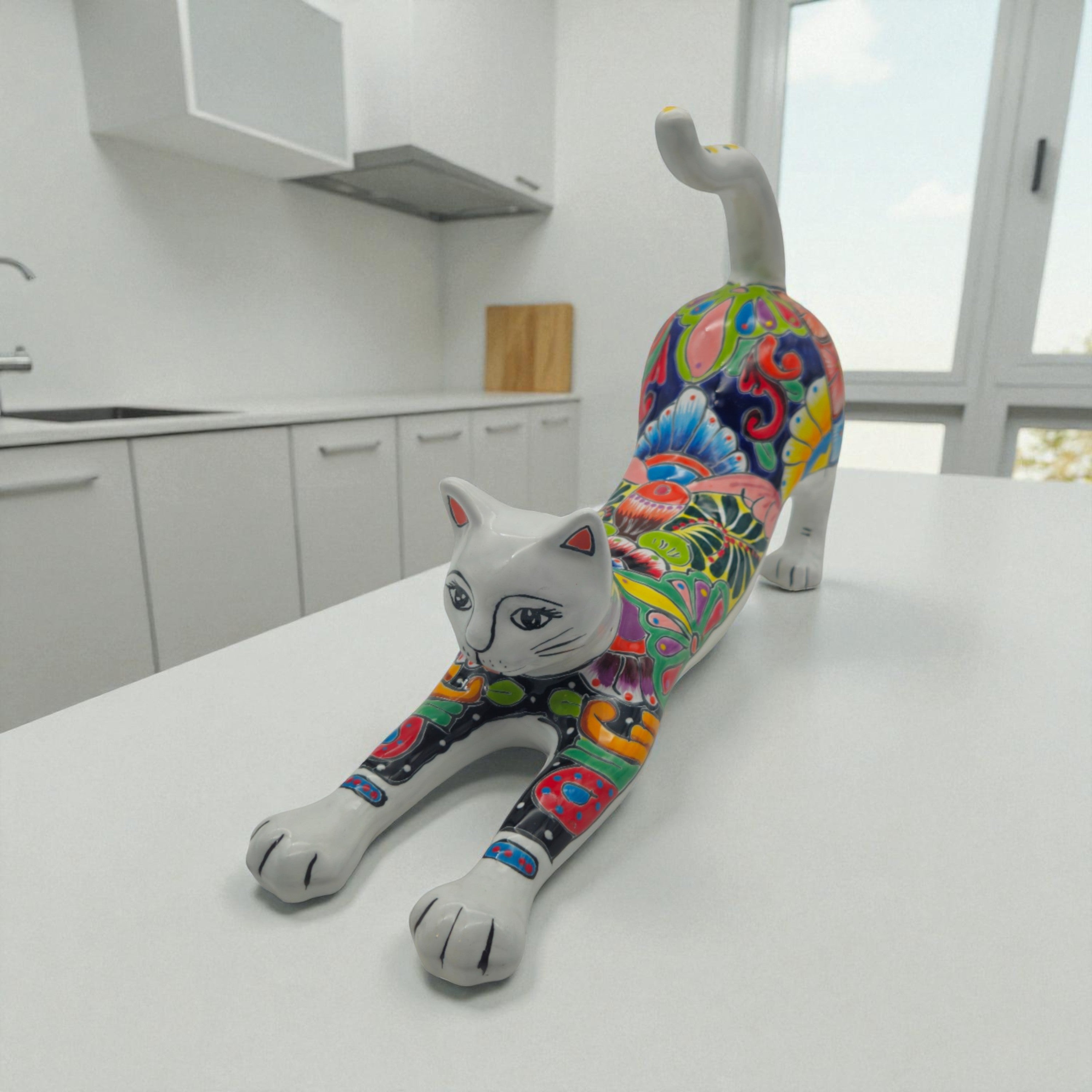 Talavera Stretching Cat Figurine | Multicolor Mexican Art
