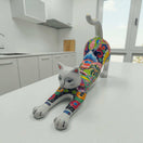 Talavera Stretching Cat Figurine | Multicolor Mexican Art hand-painted ceramic cat figurine stretching with vibrant floral patterns