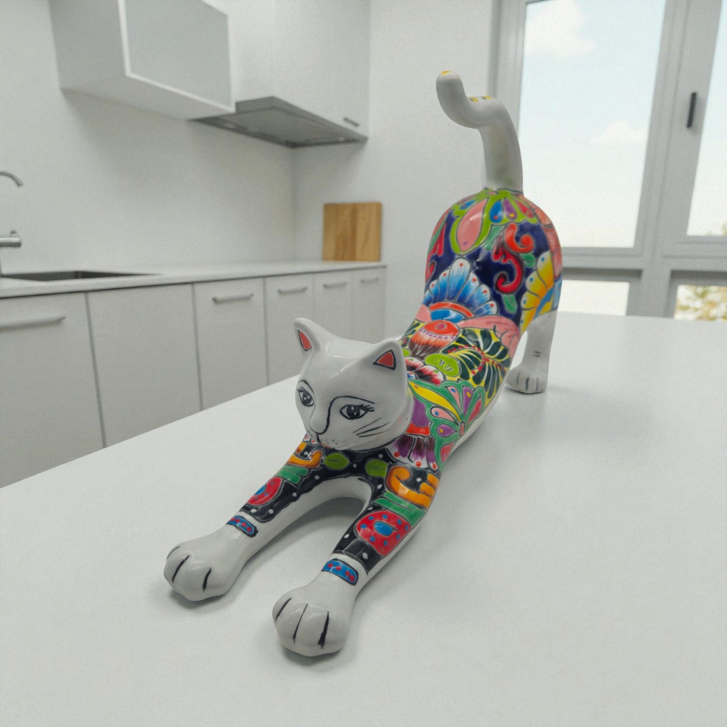Talavera Stretching Cat Figurine | Multicolor Mexican Art