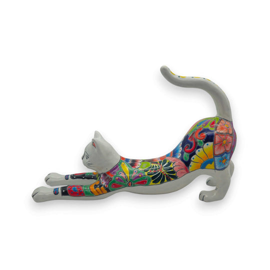 Talavera Stretching Cat Figurine | Multicolor Mexican Art - hand-painted kiln-fired multicolor Talavera cat stretching figurine from Guanajuato
