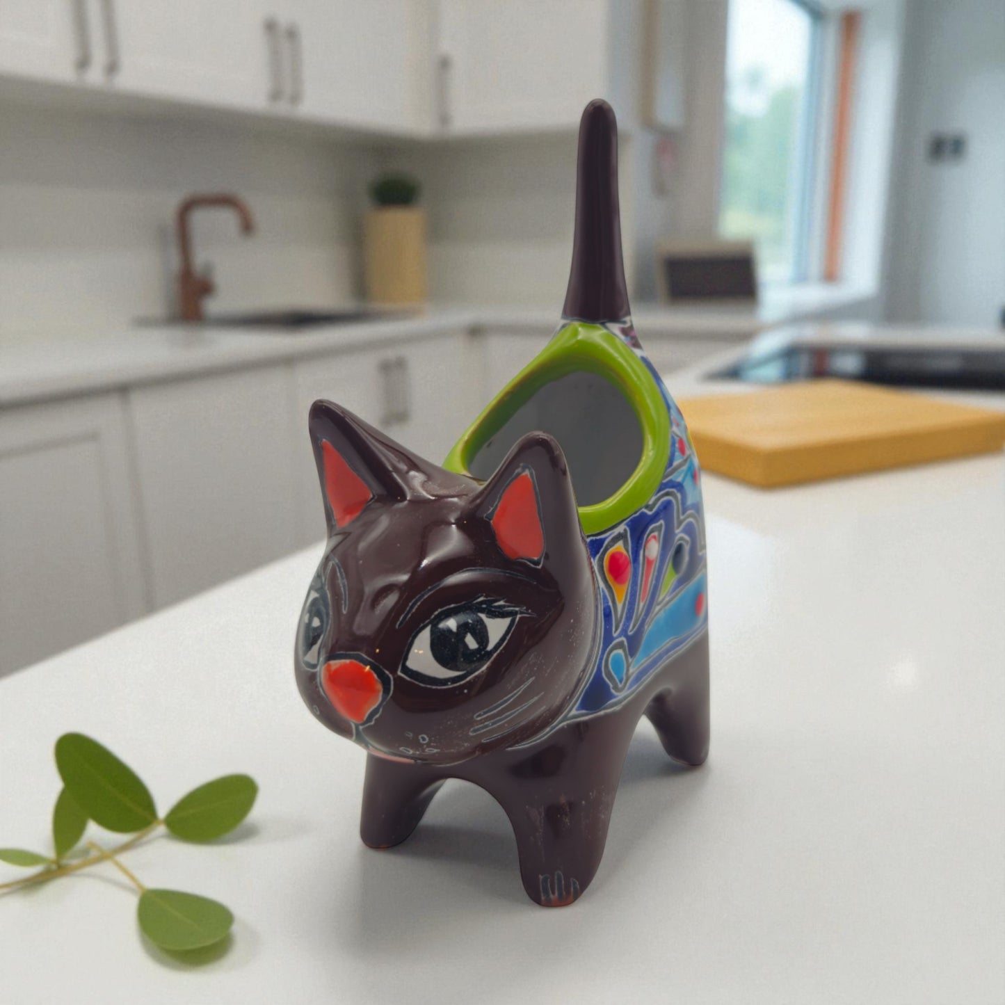 Colorful Talavera Cat Planter | Mexican Ceramic Art