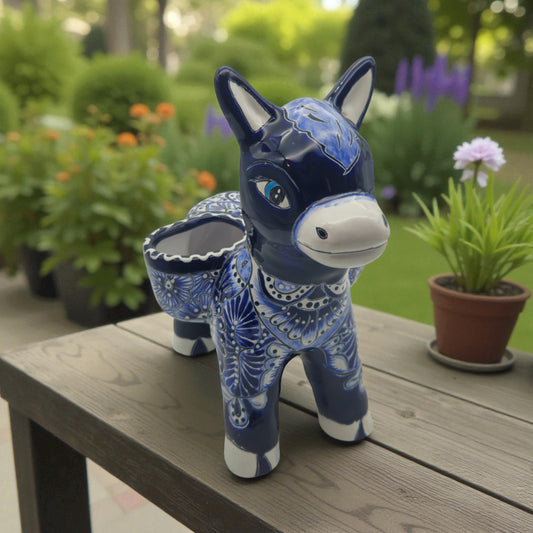 Blue Talavera Donkey Planter | Handcrafted Mexican Pottery