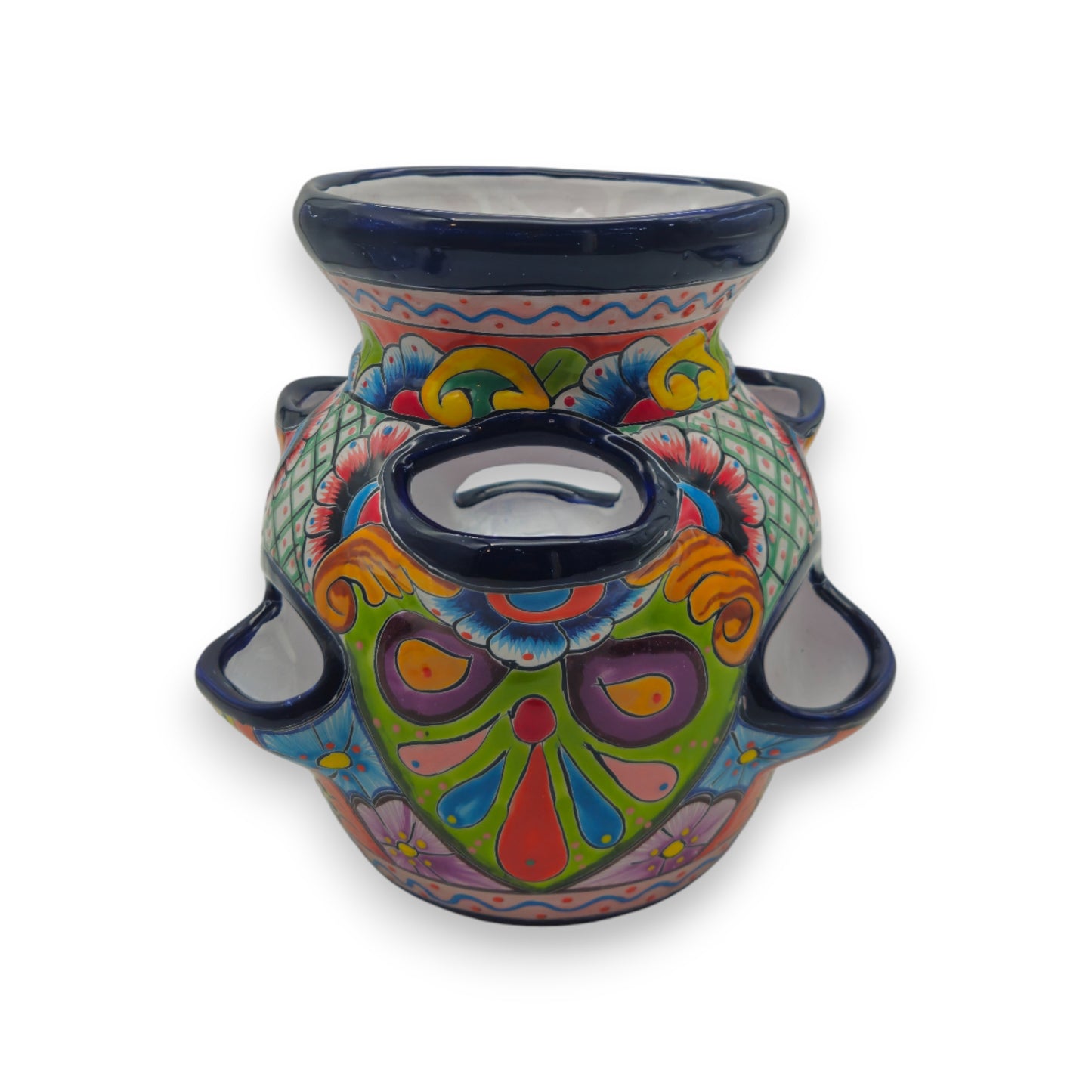 Blue Rim Talavera Strawberry Pot | Hand-Painted Mexican Planter