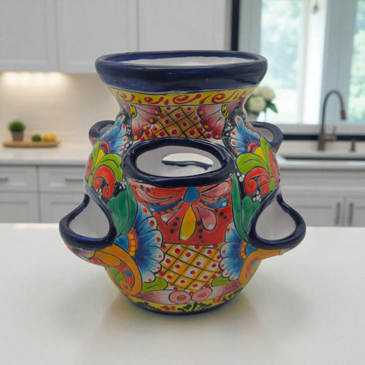 Blue Rim Talavera Strawberry Pot | Hand-Painted Mexican Planter