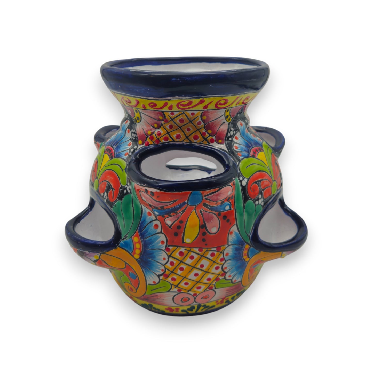 Blue Rim Talavera Strawberry Pot | Hand-Painted Mexican Planter