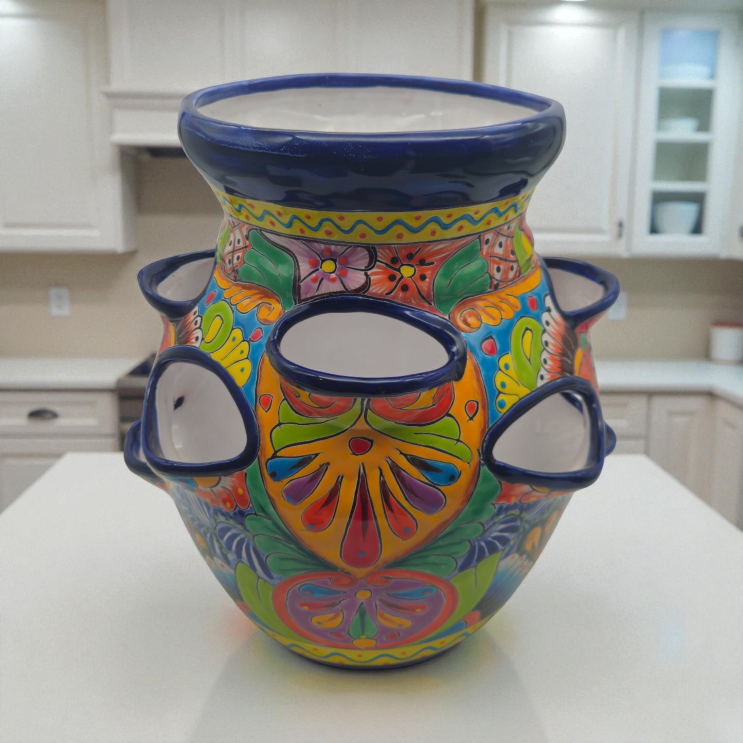 Cobalt Blue Rim Talavera Strawberry Planter | Mexican Ceramic Pot