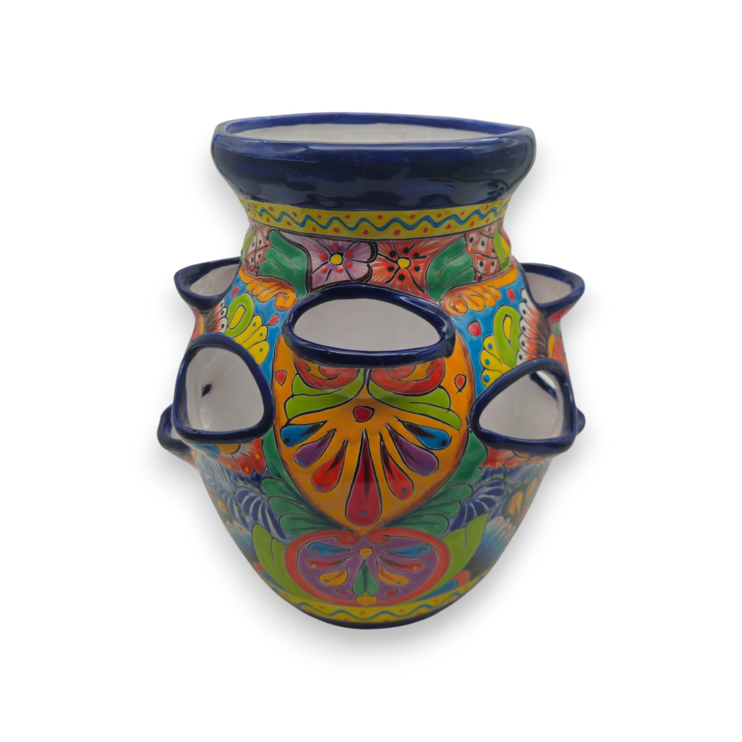 Cobalt Blue Rim Talavera Strawberry Planter | Mexican Ceramic Pot