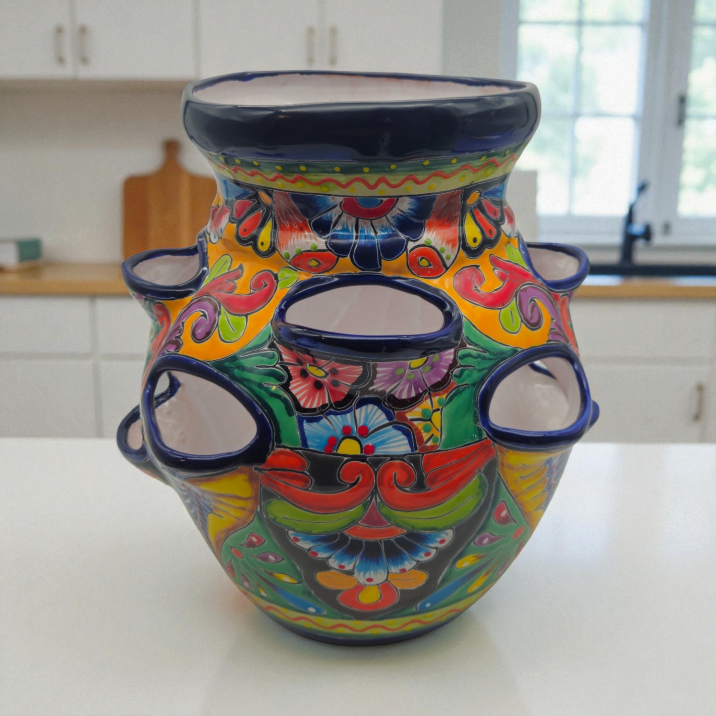 Cobalt Blue Rim Talavera Strawberry Planter | Mexican Ceramic Pot
