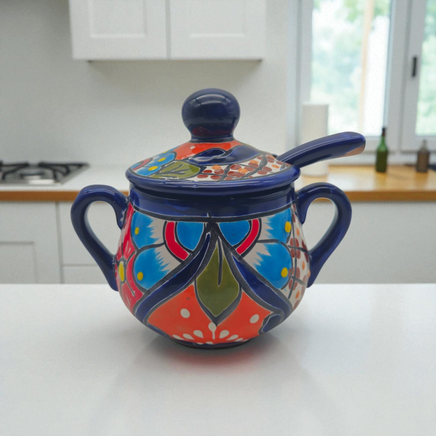Colorful Talavera Sugar Jar with Spoon | Mexican Pottery Art