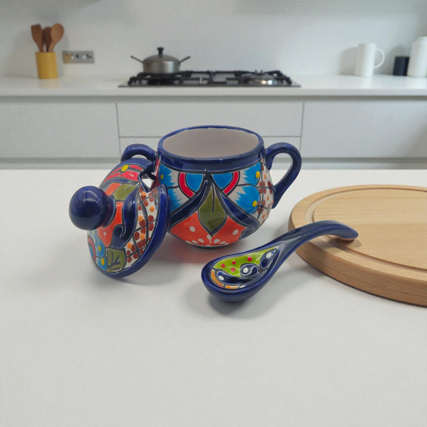 Colorful Talavera Sugar Jar with Spoon | Mexican Pottery Art