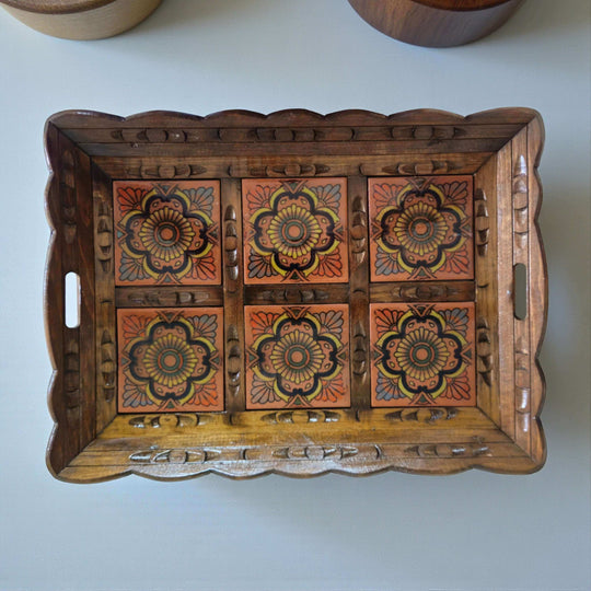 Handcrafted Talavera Tile Serving Tray | Mexican Wooden Tray with six orange and yellow floral Talavera tiles, scalloped carved wooden handles