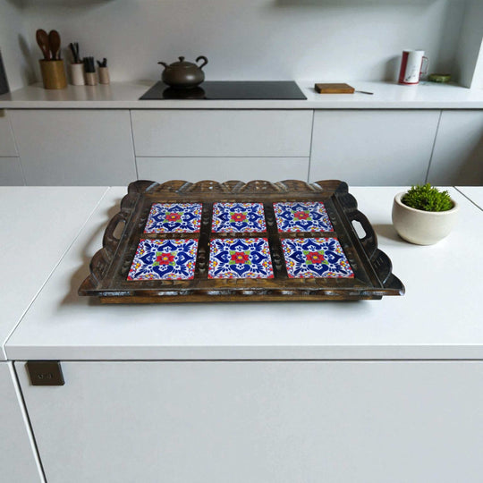 Handcrafted Talavera Tile Serving Tray | Mexican Wooden Tray with six colorful hand-painted Talavera tiles, scalloped edges and carved handles