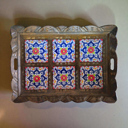 Handcrafted Talavera Tile Serving Tray | Mexican Wooden Tray with six hand-painted blue, orange and yellow floral tiles in carved scalloped wood frame