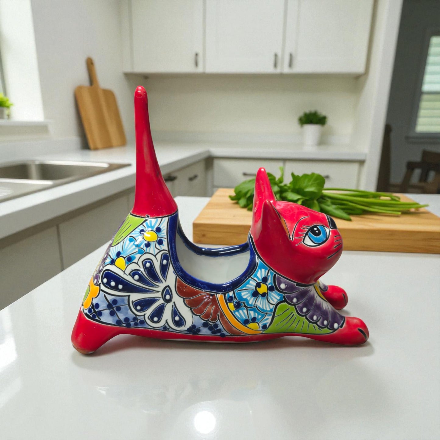 Talavera Cat Planter | Colorful Handcrafted Stretching Animal Pot