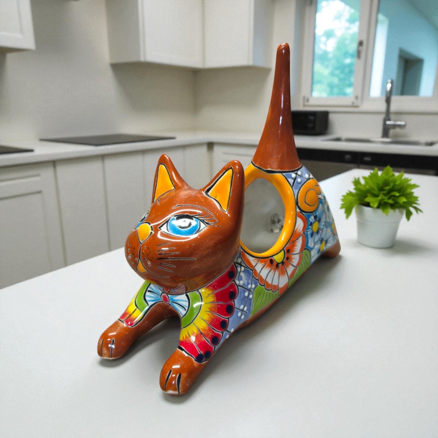 Talavera Cat Planter | Colorful Handcrafted Stretching Animal Pot