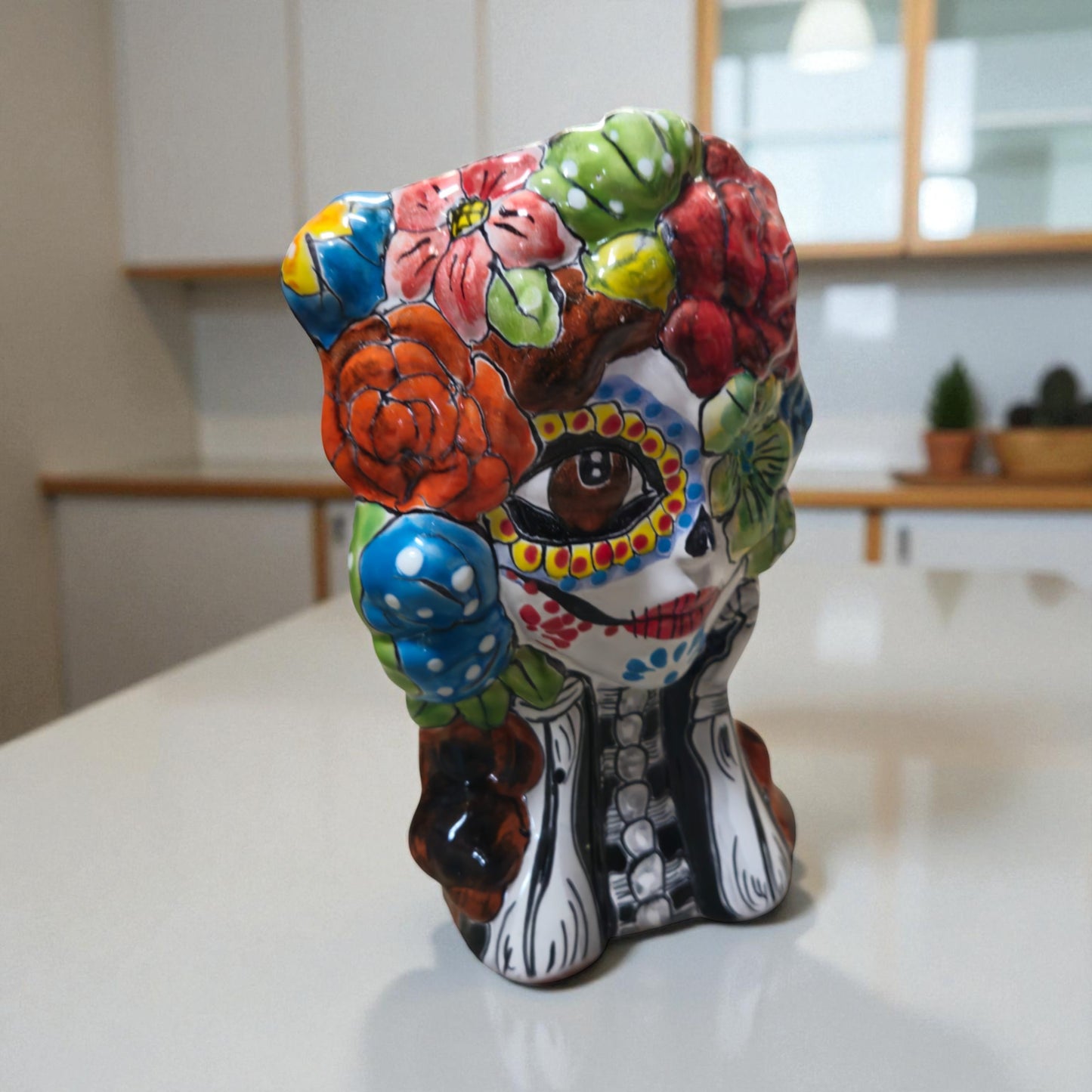 Colorful Talavera Skull Planter | Hand-Painted Ceramic Pot