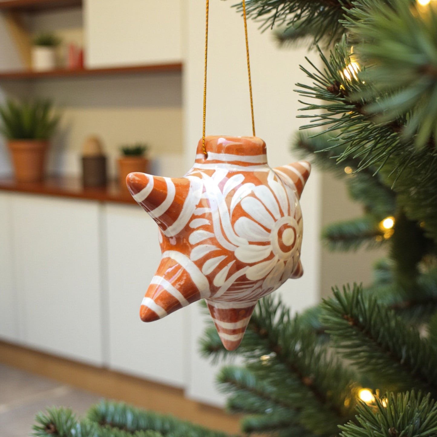 Brown & White Talavera Ornament | Star-Shaped Holiday Folk Art