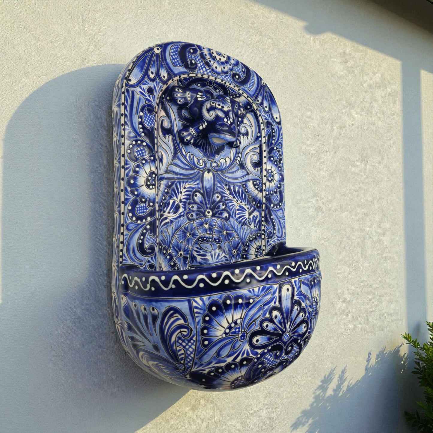 Blue & White Talavera Wall Fountain | Handcrafted Mexican Ceramic