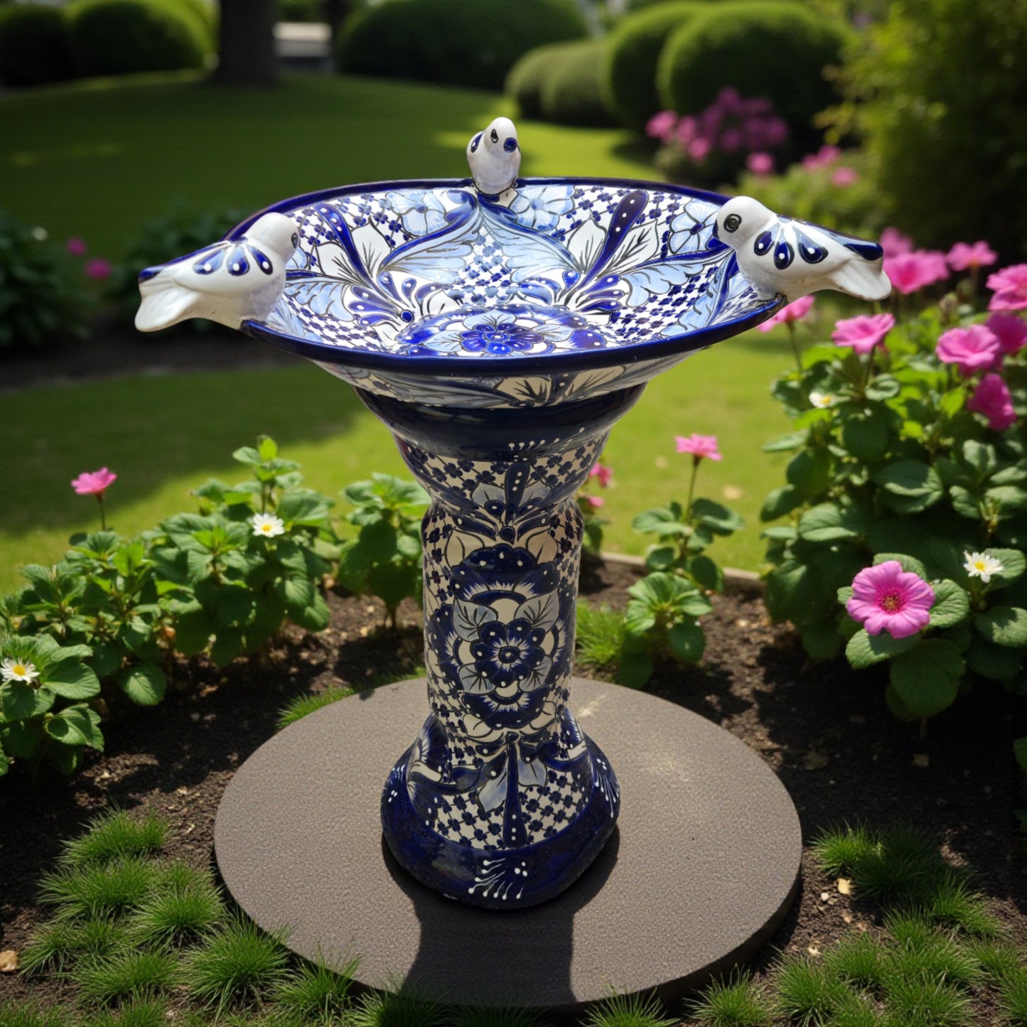 Blue & White Talavera Bird Bath with Rim Birds | Mexican Garden Art