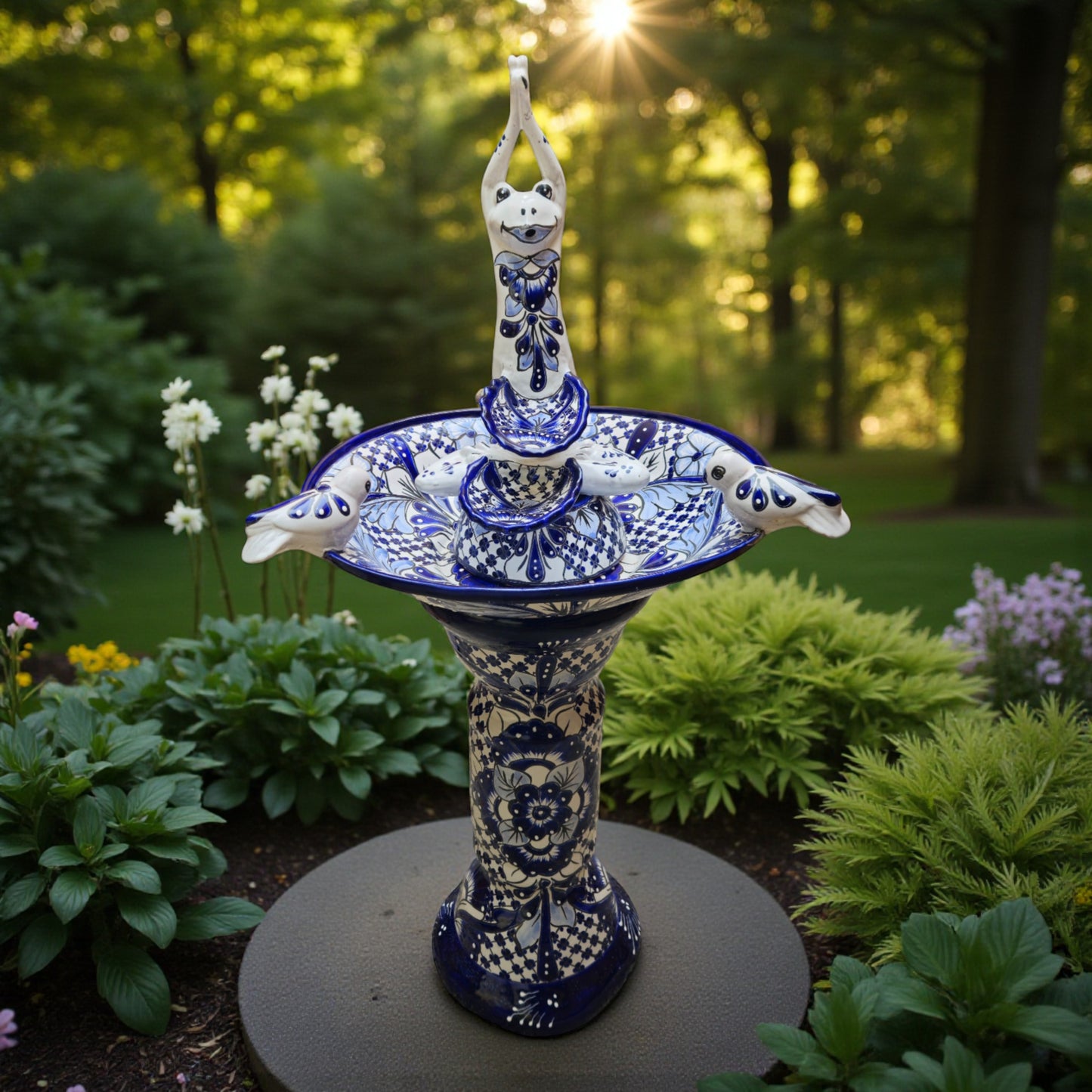 Blue & White Talavera Frog Fountain with Rim Birds | Mexican Garden