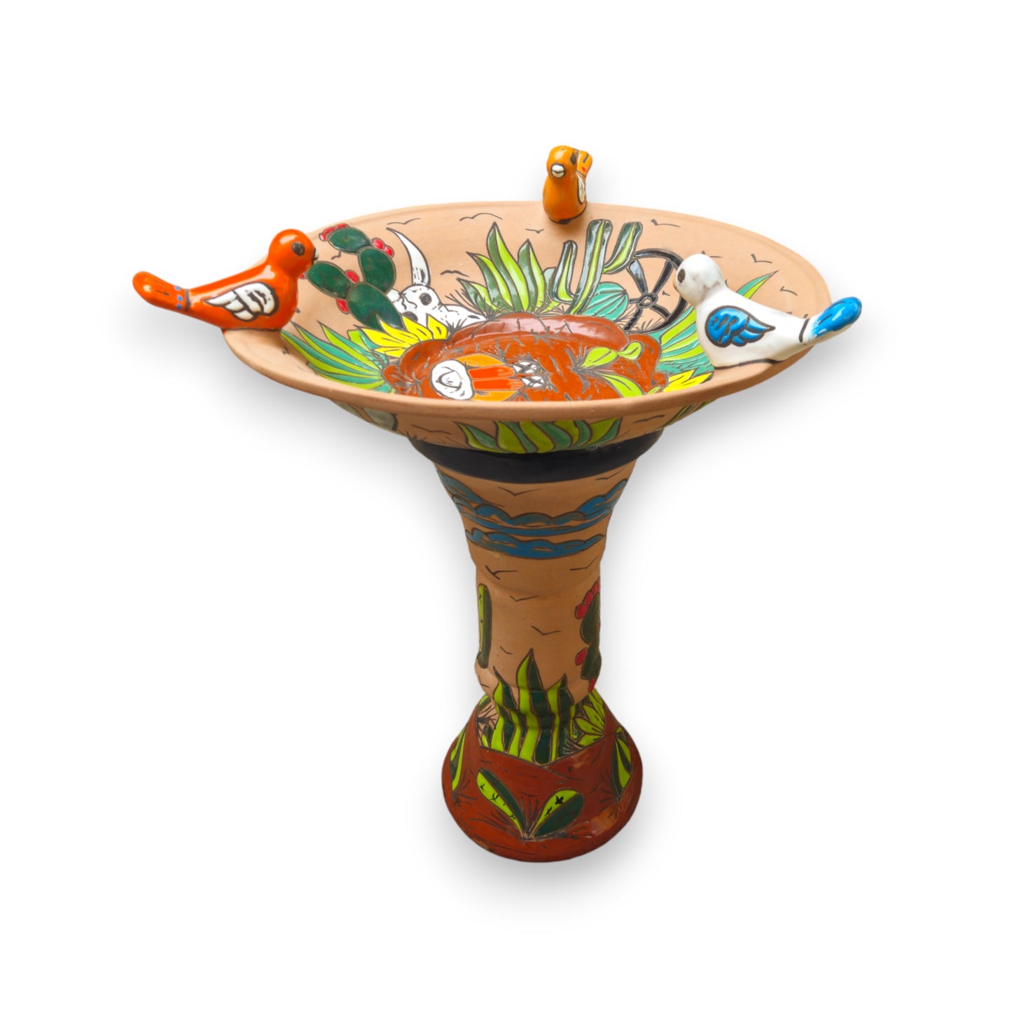 Hand-Painted Terracotta Talavera Bird Bath | Desert Garden Art