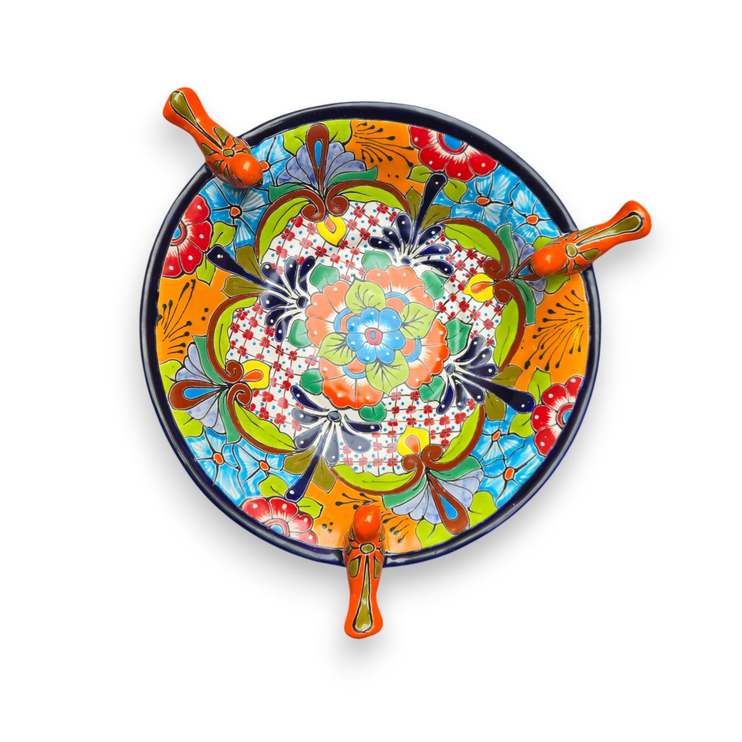 Talavera Bird Bath with Blue Rim | Colorful Mexican Garden Decor