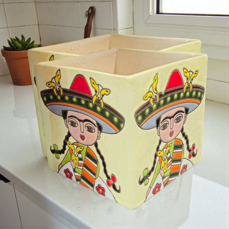 Hand-Painted Frida Kahlo Talavera Pot | Mexican Folk Art Planter - hand-painted square colorful Frida planter with red green yellow details