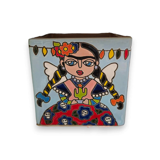Hand-Painted Frida Kahlo Talavera Pot | Mexican Folk Art Planter - colorful square planter with hand-painted Frida, floral skirt and decorative lights