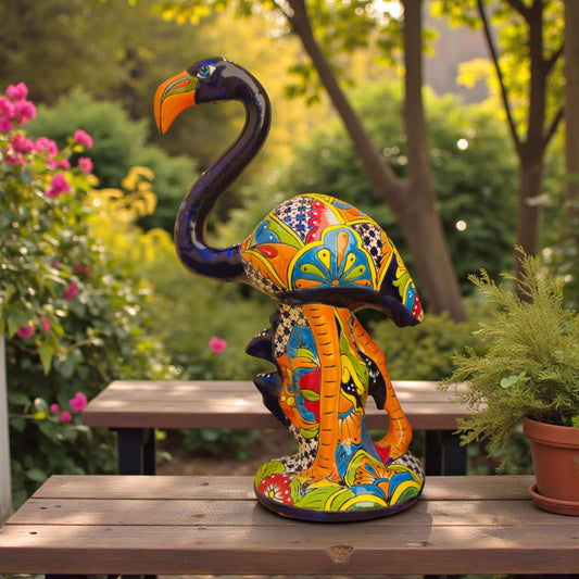Talavera Flamingo Statue | Hand-Painted Mexican Ceramic Bird Art - vibrant hand-painted Talavera flamingo sculpture with floral geometric patterns