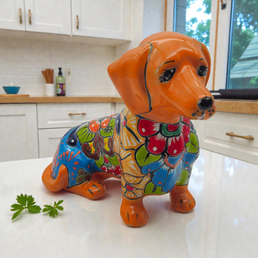 Colorful Talavera Dachshund | Mexican Ceramic Dog Figurine