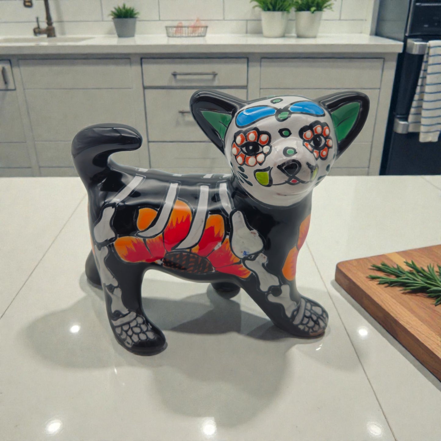 Talavera Chihuahua Figurine | Hand-Painted Day of the Dead Art