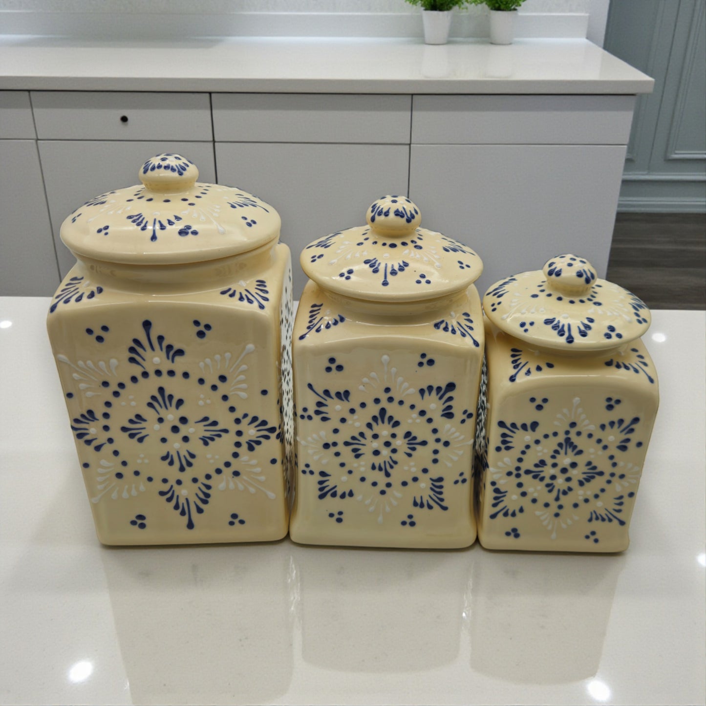Talavera Ceramic Kitchen Canister Trio | White Multicolor Set