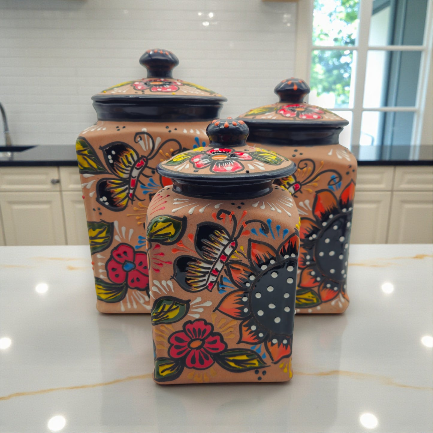 Talavera Kitchen Canister Set | Terracotta Mexican Pottery Trio