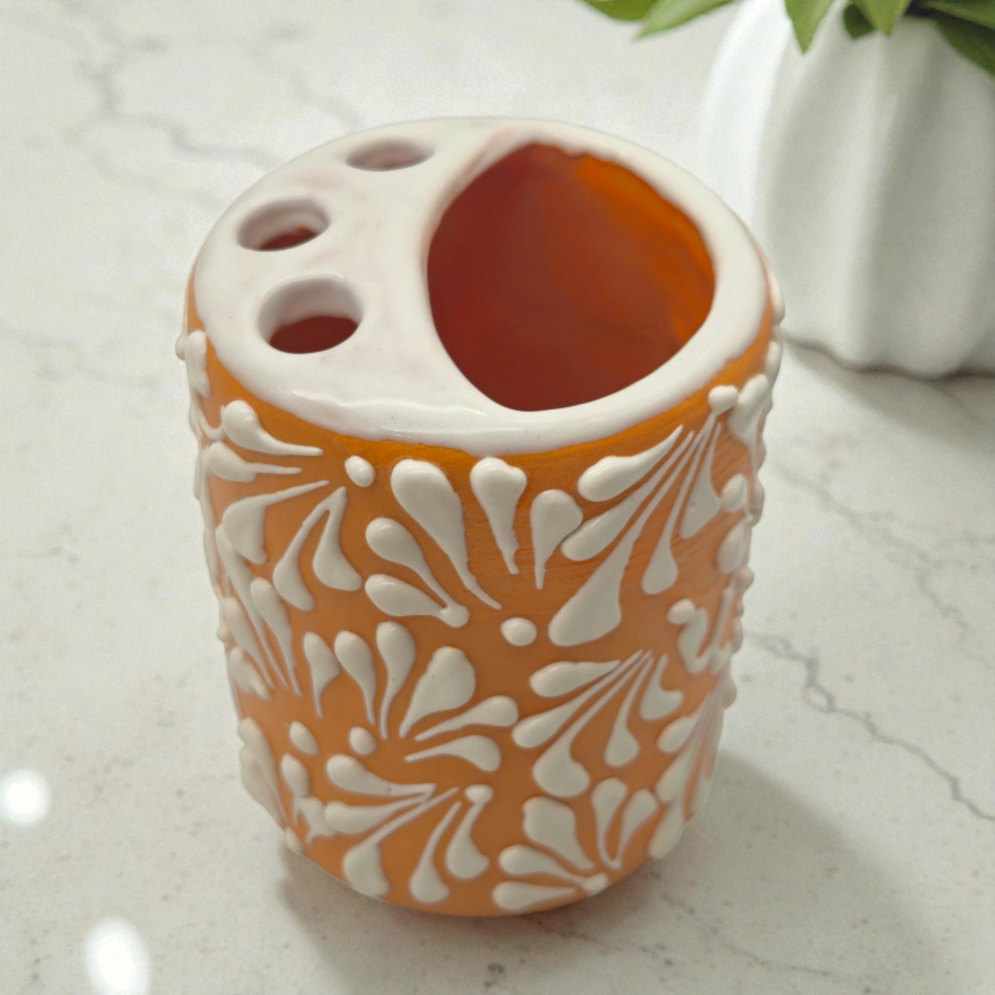 Orange Brown Talavera Toothbrush Holder | Mexican Ceramic Decor