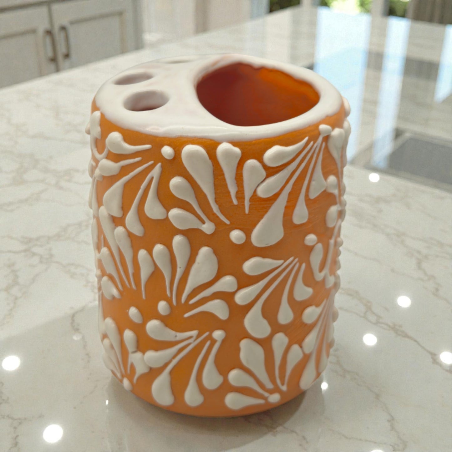 Orange Brown Talavera Toothbrush Holder | Mexican Ceramic Decor