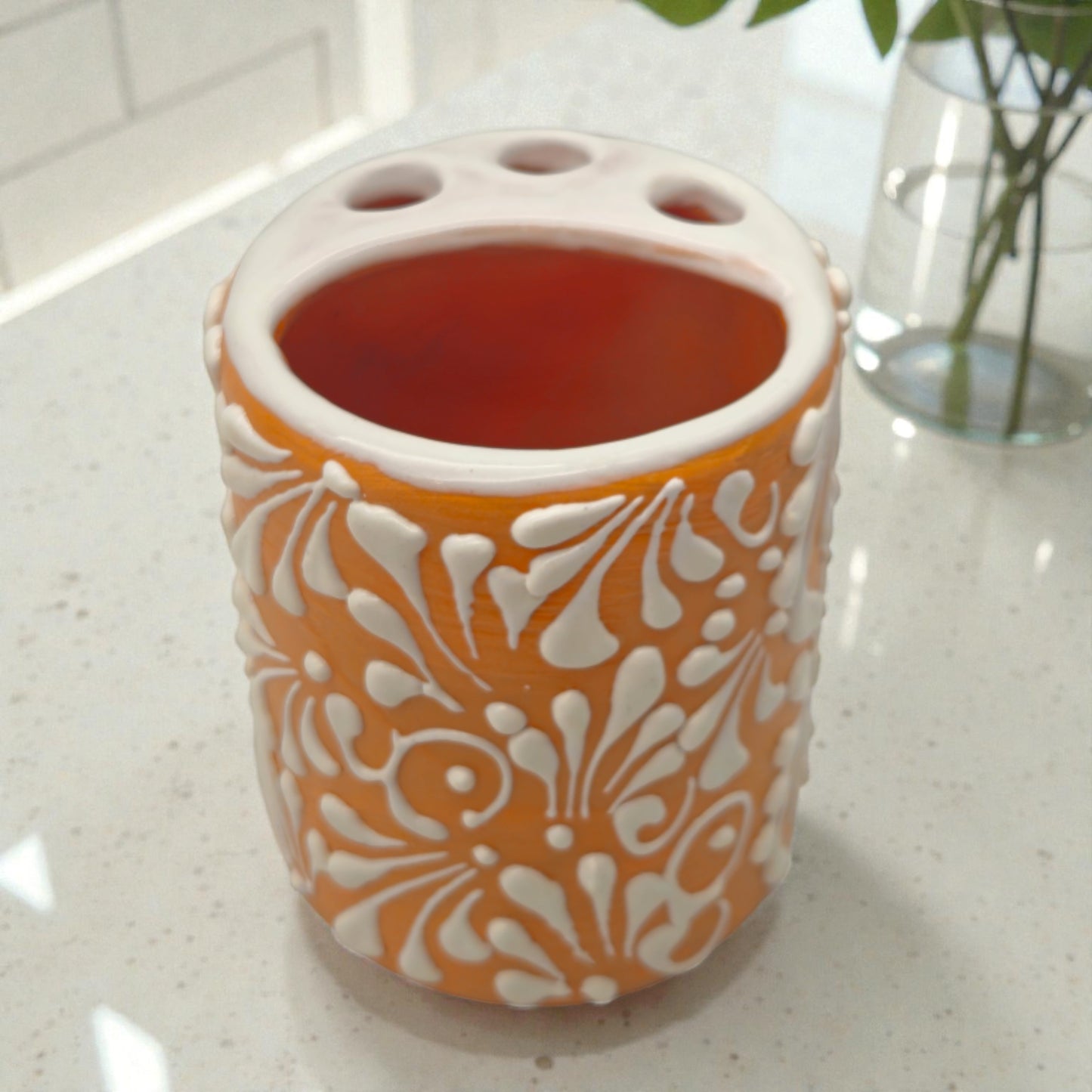 Orange Brown Talavera Toothbrush Holder | Mexican Ceramic Decor