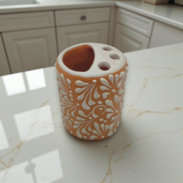Orange Brown Talavera Toothbrush Holder | Mexican Ceramic Decor