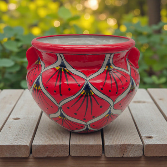Red Peacock Talavera Planter | Hand-Painted Mexican Pot