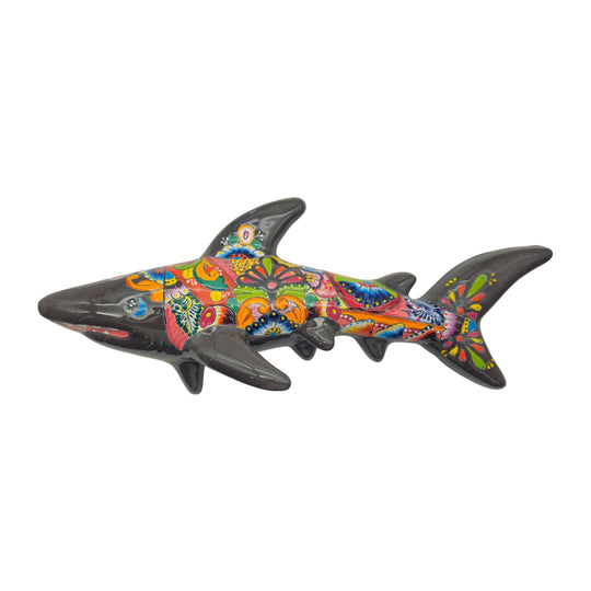 Talavera Shark Wall Sculpture | Colorful Mexican Art - hand-painted kiln-fired Talavera shark with vibrant floral and geometric patterns for wall display