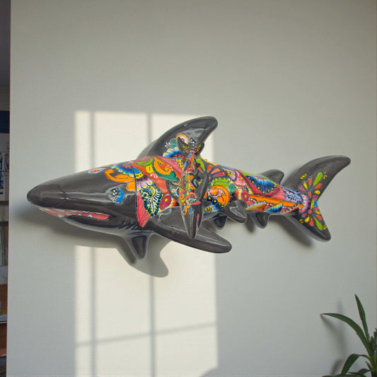Talavera Shark Wall Sculpture | Colorful Mexican Art - hand-painted Talavera shark wall sculpture with vibrant floral and geometric patterns