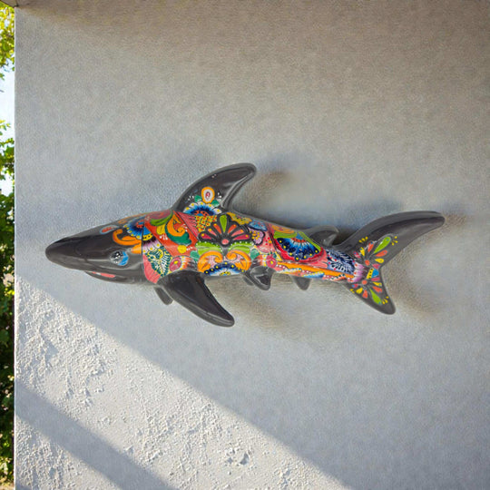 Talavera Shark Wall Sculpture | Colorful Mexican Art - hand-painted Talavera shark with bright floral and geometric patterns, kiln-fired lead-free glaze