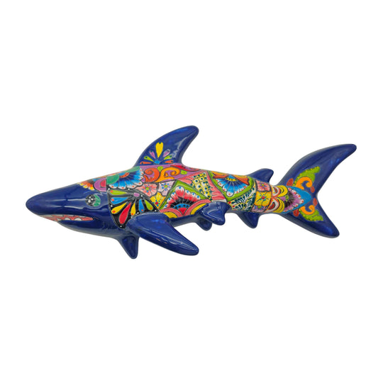 Talavera Shark Wall Sculpture | Colorful Mexican Art — hand-painted blue shark with vibrant floral and geometric Talavera patterns, kiln-fired, lead-free glaze