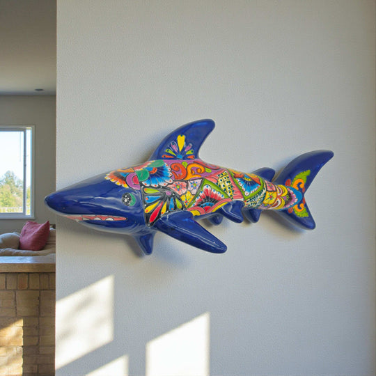 Talavera Shark Wall Sculpture | Colorful Mexican Art - hand-painted blue Talavera shark wall sculpture with floral and geometric patterns, kiln-fired lead-free glaze