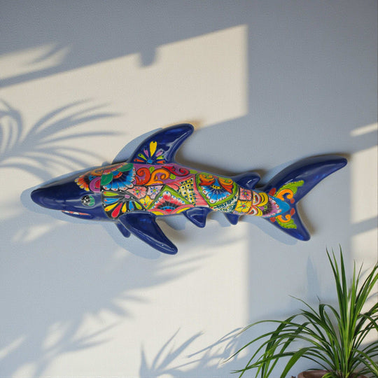 Talavera Shark Wall Sculpture | Colorful Mexican Art - hand-painted Talavera shark wall sculpture with vibrant floral and geometric patterns