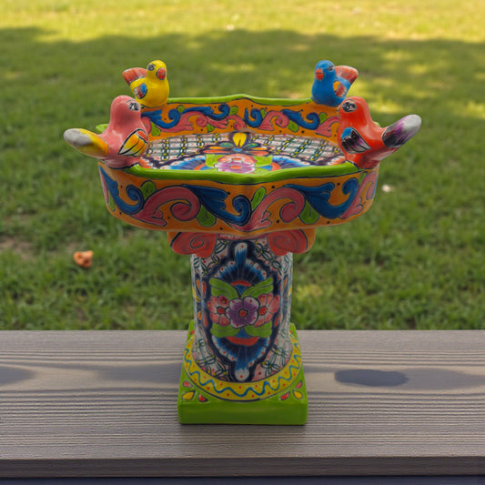 Colorful Talavera Bird Bath | Hand-Painted Ceramic Garden Art