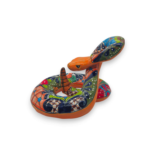 Colorful Talavera Snake Sculpture | Handmade Ceramic Art - hand-painted coiled Talavera snake with bright orange, blue, green floral and geometric patterns