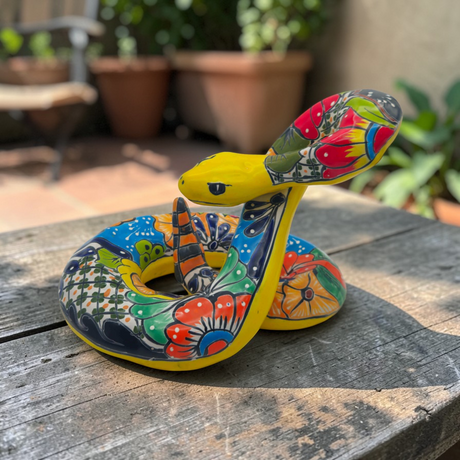 Colorful Talavera Snake Sculpture | Handmade Ceramic Art hand-painted coiled snake with bright orange blue green red floral Talavera patterns